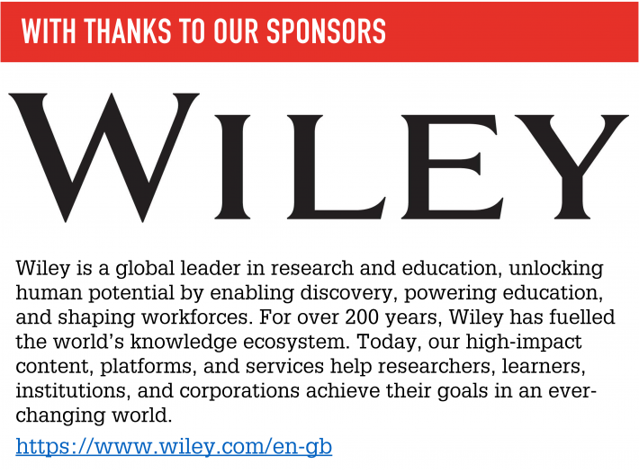 The logo of the sponsors, which is the word Wiley written out in black, capital letters, is displayed above a short bio