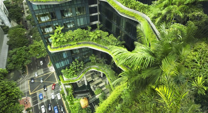 The Park Royal Hotel in Singapore, with plants on the outside